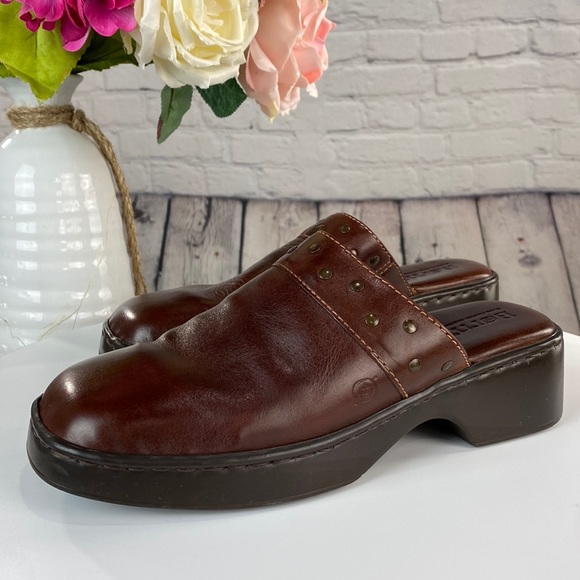Born Shoes - BORN Brown Leather Slip On low Heel Mules